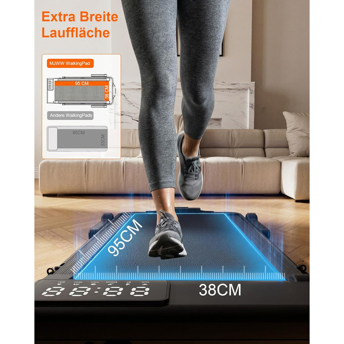 Складана бігова доріжка MJWW Raceable Walking Pad з нахилом 6-9%, 3.0 HP, керування через додаток, AI-тренування, LED-дисплей, для дому та офісу (Чорна, 95 см)