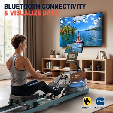VOWVIT Весловий тренажер для дому з водним опором, складаний, Bluetooth-дисплей, регульований тримач для планшета, вантажопідйомність 160 кг, 2 роки гарантії