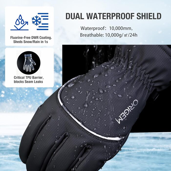 Рукавички зимові для чоловіків та жінок, велосипедні та гірськолижні, 3M Thinsulate, водонепроникні, теплі флісові з підтримкою сенсорного екрану (чорний, XXL)