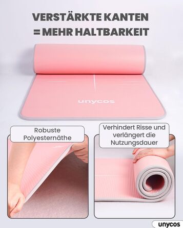 Килимок для йоги Unycos з нековзким покриттям | Щільність 6/10/15 мм, для гімнастики, з ременем для перенесення【вкл. E-Book】Фітнес-килимок для пілатесу, тренувань, гімнастики (#19 Рожевий + Сірий, 183*66*1 см)