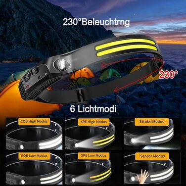 Фронтальний ліхтар GSY LED з перезаряджанням, 2 COB LED, 1000 люмен, сенсор, вологостійкий, 230° світловий потік