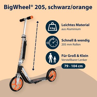 Самокат HUDORA BigWheel 205 алюмінієвий, складаний, регульований, для дітей та дорослих, до 100 кг