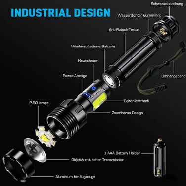 Ліхтар налобний LED Glarylight 500000 люмен, перезарядний USB з 9 режимами, COB, Zoom, вологостійкий, для кемпінгу та активного відпочинку