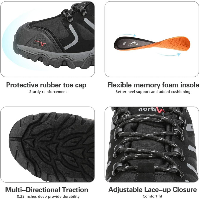 Чоловічі водонепроникні трекінгові черевики NORTIV - легкі, для хайкінгу та кемпінгу (41.5 EU, широкі, чорний/темно-сірий)