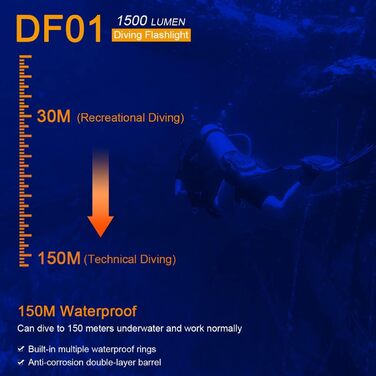 SecurityIng DF01 Дайверська лампа для дайвінгу, 1500 люмен, поворотна головка, для підводного плавання, глибина до 150 м, IP68, водонепроникна