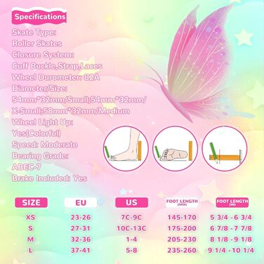 Дитячі ролики Nattork для дівчаток та хлопчиків, регульовані, 4 розміри, ролики на 4 колесах з малюнком метеликів та квітів, подарунок на день народження для занять спортом в приміщенні та на вулиці, розмір M (EU 32-36), Petrol