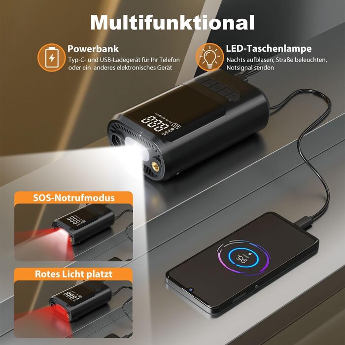 Портативний електричний насос ZORUMAN 6000mAh, 150PSI з цифровим дисплеєм та ліхтариком для авто, мотоциклів, велосипедів і м'ячів