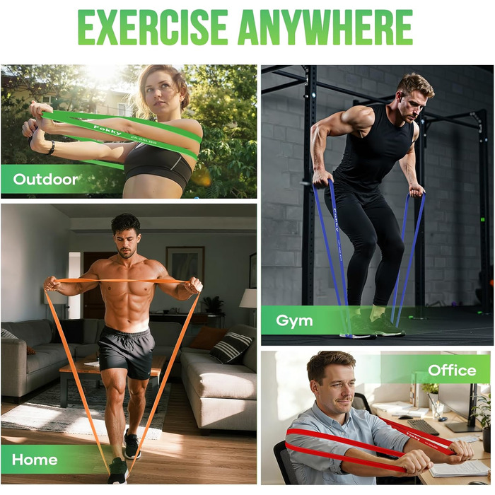 Набір еластичних стрічок для фітнесу Resistance Bands (4 рівні), з дверним кріпленням, постер, сумка. Для розтяжки, силових тренувань, кросфіту, нарощування м'язів, домашніх тренувань. Оранжевий, червоний, зелений, синій