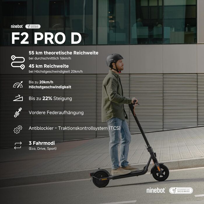 Електросамокат Segway-Ninebot F2 PRO D з допуском до доріг для дорослих, макс. швидкість 20 км/год, запас ходу 55 км, довгий пробіг