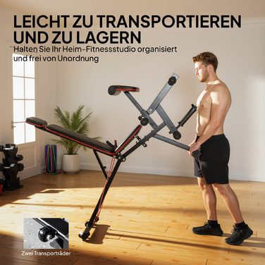 Регульована лава для жиму з вагою до 300 кг 3-в-1: лава для жиму, тренажер для ніг та пулт для згинання ніг. Оснащена роликами, підголівником та еластичними стрічками опору.