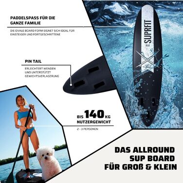 Надувний SUP дошка SUPRFIT для станд-ап паділбордингу, комплект, 330 x 78 x 15 см, до 150 кг, Lailani Black White
