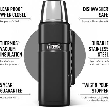 Термос King Thermos 1,2 л, нержавіюча сталь, з чашкою та ручкою, сірий
