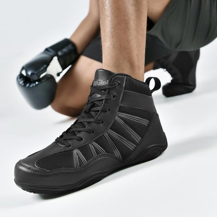 Чоловічі боксерські та борцівські кросівки DimaiGlobal. Зручні кросівки для боксу, боротьби, кікбоксингу, кікбоксингу, карате, тхеквондо, з нульовим дропом, чорного кольору (44.5 EU)