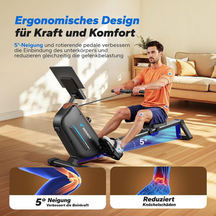 Гребний тренажер MERACH R15B2 для дому, складаний, з магнітним гальмом, тихий, з додатком, подовжені рейки, ручне регулювання