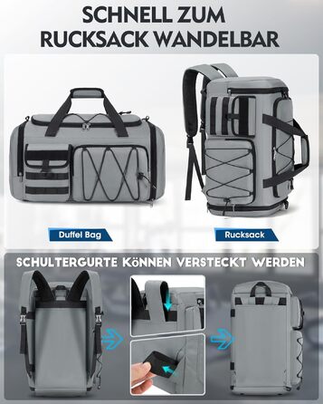 Спортивна сумка RAINSMORE 45L 3-в-1 для фітнесу та подорожей, водонепроникна дорожня сумка з відділенням для взуття та мокрих речей (Сіра)