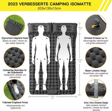 Двоспальний килимок для кемпінгу Doppel Isomatte: ультралегкий, 10 см, з самонадувною технологією та насосом, для відпочинку на природі, подорожей та піших прогулянок. Сірий колір.