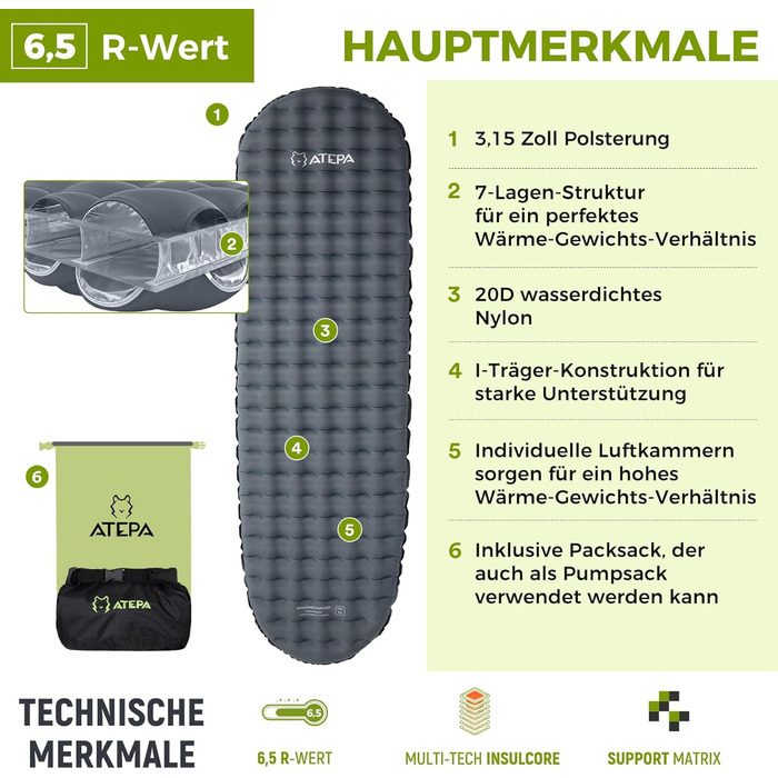 ATEPA ThermAir: Каремат ізольований для кемпінгу та хайкінгу 8 см (183x64 см, сірий). Легкий, компактний, R-значення 6