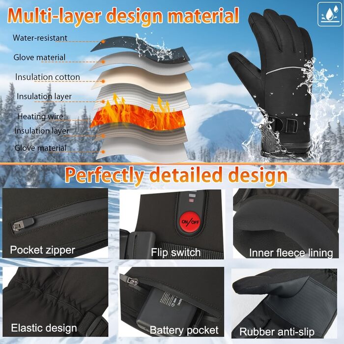 Гріючі рукавиці з акумулятором 7.4V 20000mAh, 3 режими нагріву. Електричні рукавиці з підігрівом для жінок та чоловіків. Ідеально для катання на лижах, велосипеді, піших прогулянок та мотоциклі. Колір: чорний, розмір M