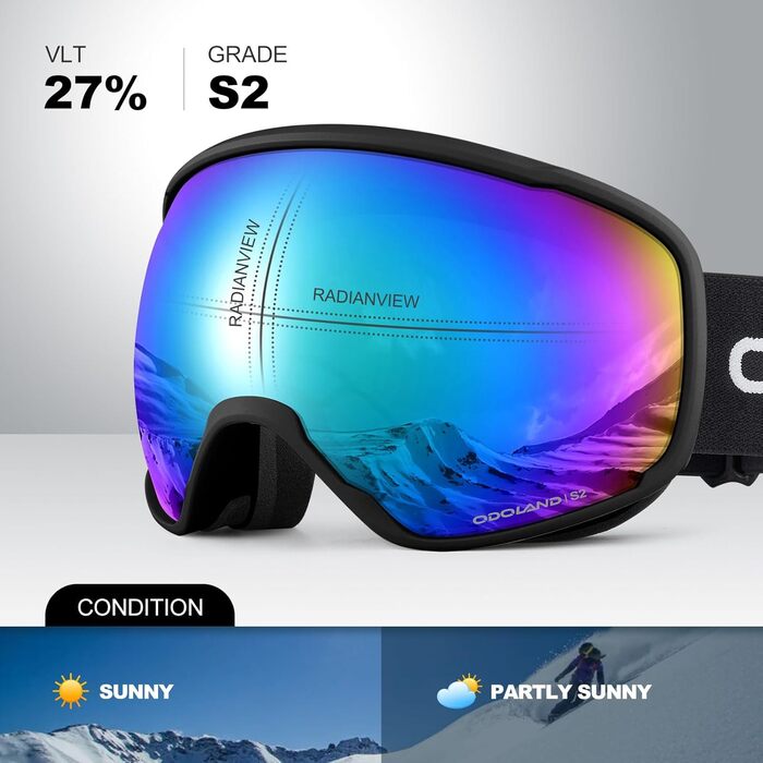 Окуляри для сноуборду та гірськолижного спорту Odoland, чорні, дзеркальні, VLT 14% - захист від сонця та запобігання запотіванню