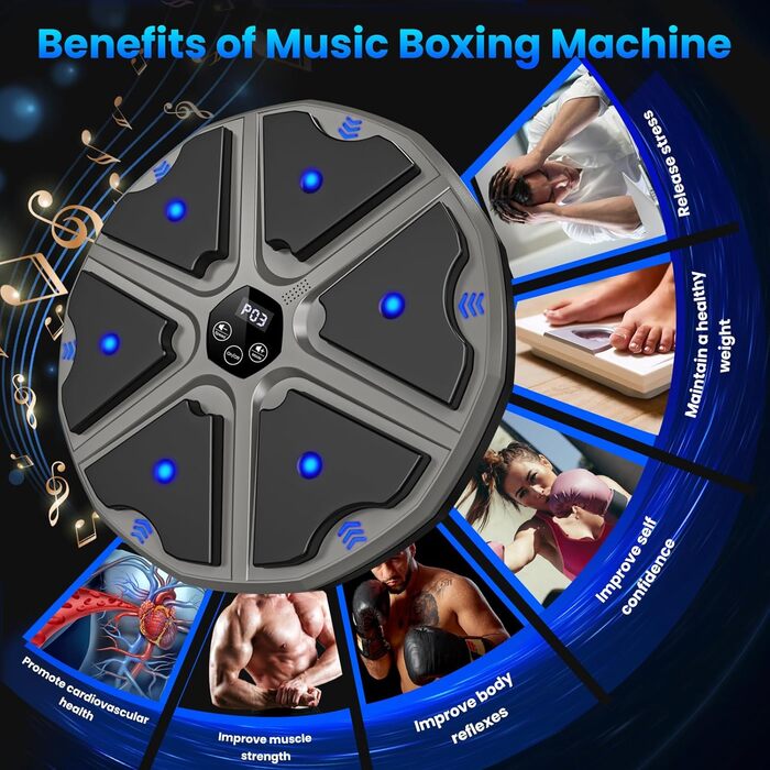 Музичний боксерський тренажер: електронна машина для ударів з Bluetooth, 9 режимів, лічильник ударів, для дорослих (сірий)