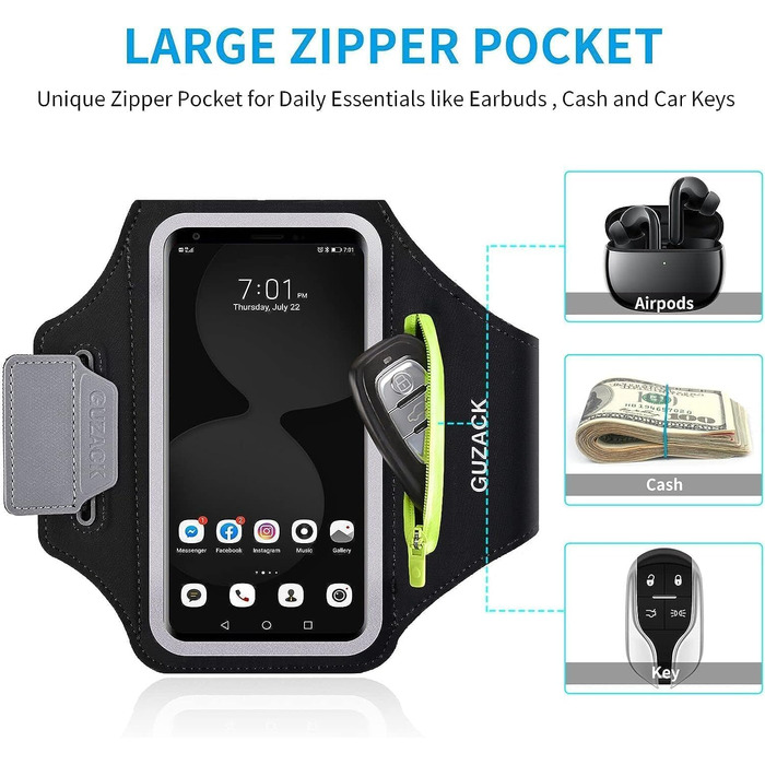 Спортивний браслет на руку для бігу з відділенням для телефону та ключей, чорний. Сумісний з iPhone 17/16/15/14/13/12/11 Pro Max/Plus та іншими смартфонами до 6.9 дюймів