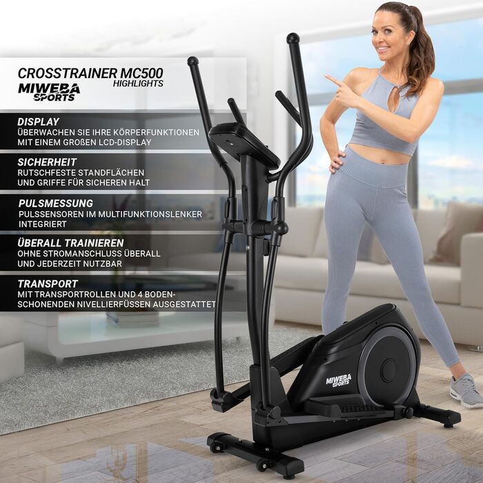 Еліптичний тренажер Miweba Sports MC500 Stepper | 120 кг, 7 кг маховик, LCD монітор, тихий кардіотренажер для дому