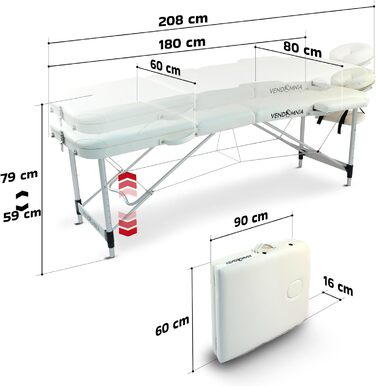 Масажний стіл VENDOMNIA з алюмінієвим каркасом, 3 зони, регулювання висоти, з високоякісною підголівником, сумкою, підлокітниками, білий, складний