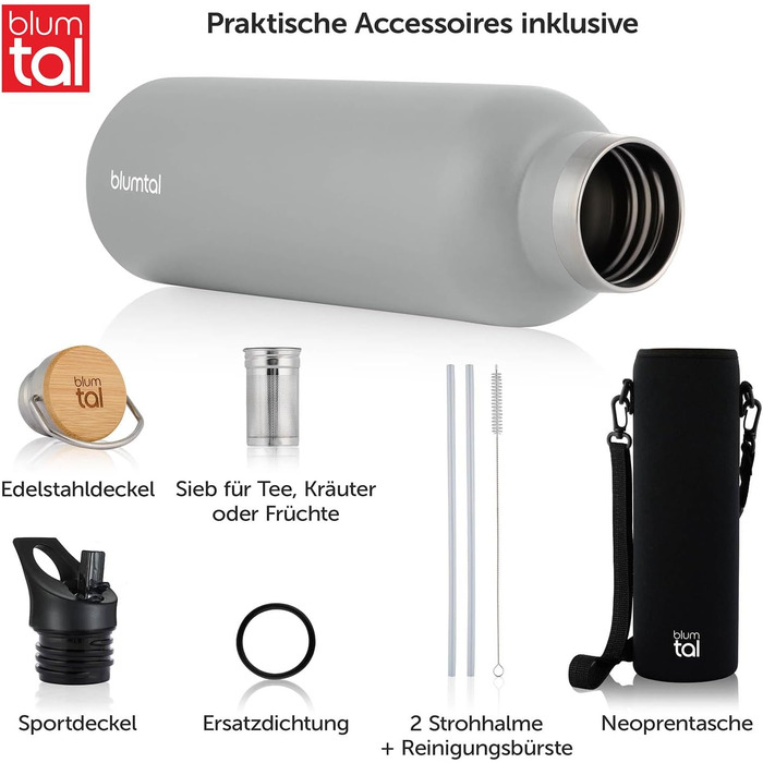 Термос-пляшка Blumtal 1л з нержавіючої сталі, подвійні стінки, ізоляція, BPA free, для напоїв та чаю, зелений колір