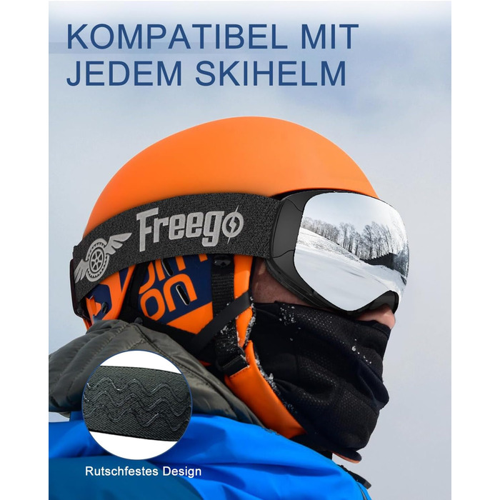 Снігові окуляри без рами для дорослих, широке поле зору, лінзи UV400 Anti-Fog, сноуборд окуляри для чоловіків та жінок, срібні
