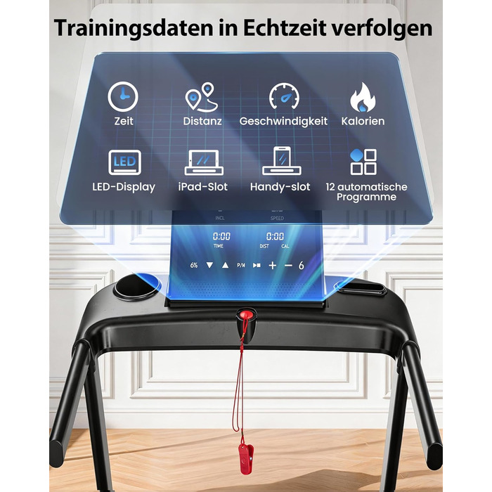 Складана бігова доріжка для дому та офісу з автоматичним нахилом 15%, двигун 3.0 к.с. (до 14 км/год), LED-дисплеєм та 12 програмами, макс. навантаження 136 кг, чорна