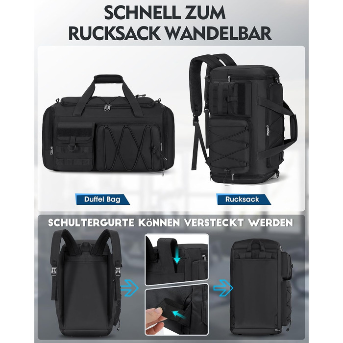 Спортивна сумка RAINSMORE 45L 3-в-1 для фітнесу та подорожей, водонепроникна дорожня сумка з відділенням для взуття та мокрих речей, чорна