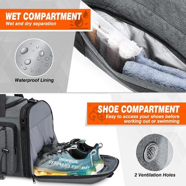 Спортивна сумка RAINSMORE 40L, водовідштовхувальна, з відділенням для взуття, для чоловіків та жінок, сіро-чорна