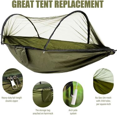 Гамак для відпочинку на природі Ultraleicht 270x140см з москітною сіткою, міцний та довговічний, з сумкою для зберігання. Підходить для саду, кемпінгу, балкону, двору, пляжу