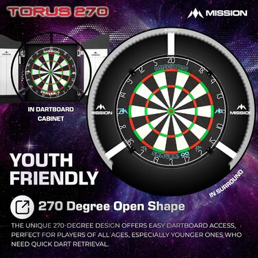 Світлодіодне підсвічування для дартс Mission Darts Torus 270, доступ до ігрової зони, матове чорне, червоне, синє, бронзове