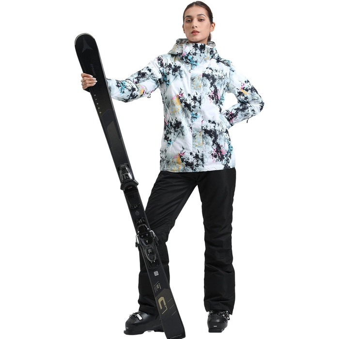 Жіночий гірськолижний костюм GSOU SNOW 2 частини: куртка та штани - водонепроникний, вітронепроникний, дихаючий, з утепленням, теплий, з капюшоном, білий + чорний, розмір S