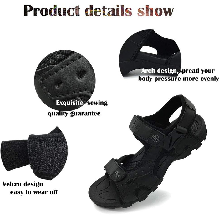 Чоловічі сандалі HEVA з натуральної шкіри для активного відпочинку, туризму та трекінгу, чорні, 41 EU