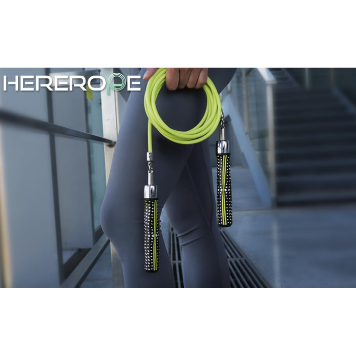 Стрибкове канат HEREROPE 1/1.8 кг з вантажем для фітнесу, швидкості, кардіо, боксу та тренувань. З підшипником, зручною ергономічною ручкою, неплутаним кабелем. Підходить для дорослих, висотою 1.65м - 1.73м, Neno Green M - 2.59м