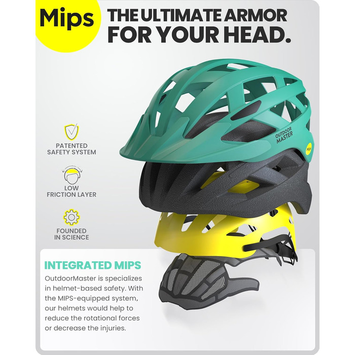Велошолом OutdoorMaster MIPS, знімні підкладки, вентиляція, для гірського та шосейного велосипеда, для підлітків і дорослих, розмір 59-61 см, м'ятний