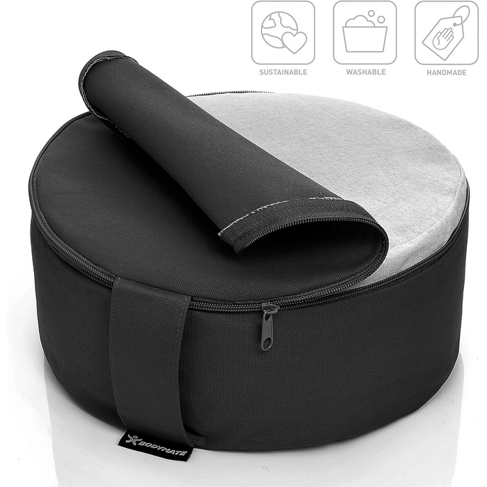 Йога подушка BODYMATE кругла 31см, 13см, з наповнювачем з лушпини гречаної, знімний чохол 100% бавовна, для медитації та сидіння, чорна