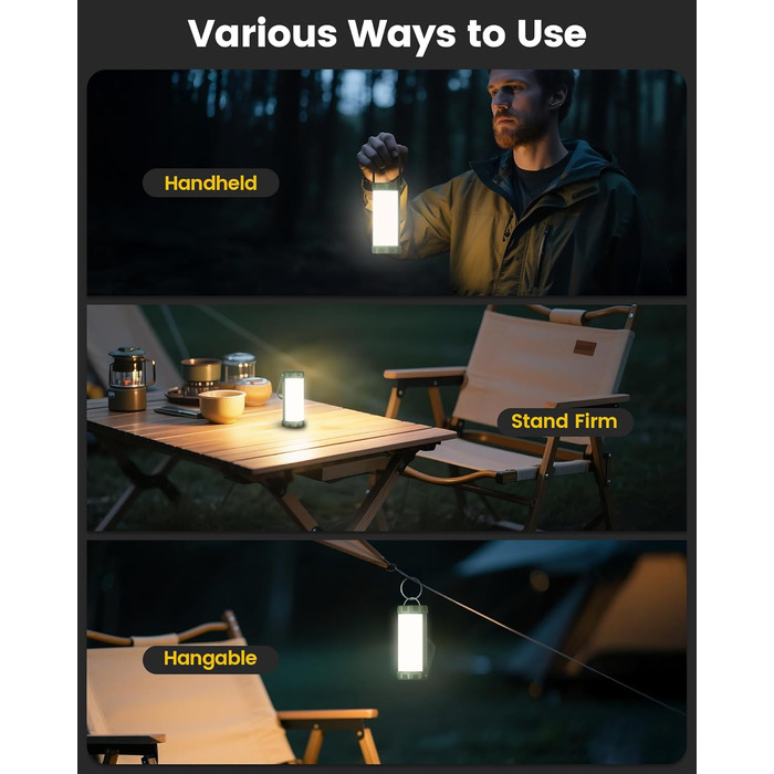 Ліхтар для кемпінгу Glocusent: 1200 люмен, водонепроникний IP68, 80 годин роботи, 5 режимів, SOS, для походів та відпочинку на природі (зелений)