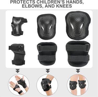 Дитячий шолом KAMUGO з комплектом захисту: наколінники, налокітники, захист для зап'ясть. Підходить для дітей 1-8 років. Ідеально для роликів, скейтборду, велосипеда. Чорний колір.