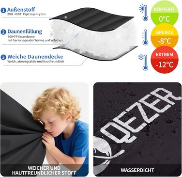 Спальний мішок зимовий теплий легкий 0°C -23°C для дорослих та дітей, 4 сезони, кемпінг, відпочинок на природі, чорний