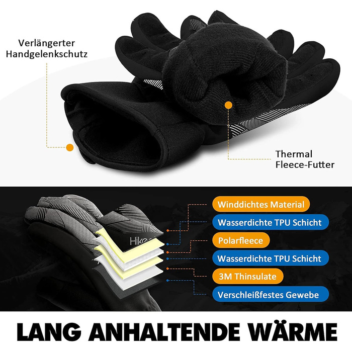 Зимові рукавички HIKENTURE: водонепроникні, для їзди на велосипеді, катання на лижах, чоловічі/жіночі, термо, чорно-сірий, розмір L