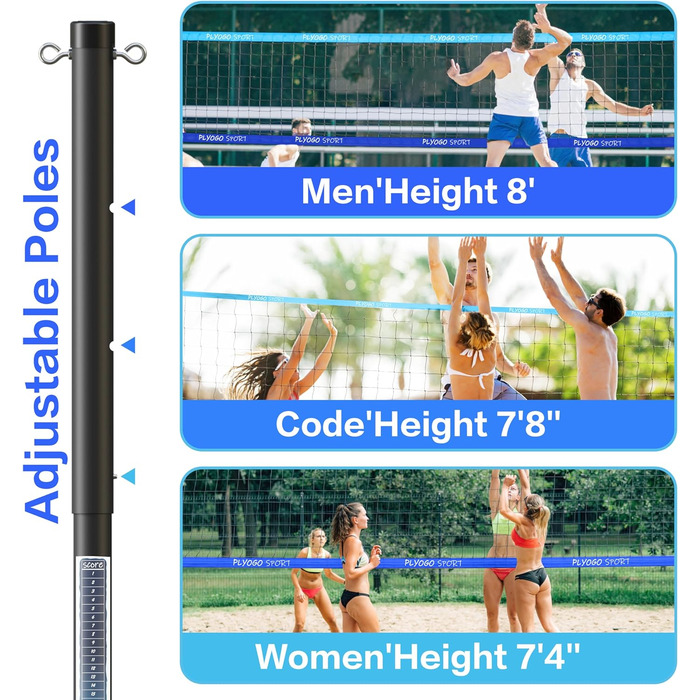 Волейбольна сітка PLYOGO для вулиці, професійна портативна волейбольна сітка з регульованими алюмінієвими стовпами, антипровисаюча конструкція, подвійний регулятор натягу для пляжу, трави | Сумка 1680D Blau