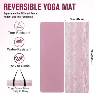 Килимок для йоги Marjar з неслизьким покриттям, фітнес-килимок для занять спортом, 183 x 61 x 0.6-1 см, рожевий