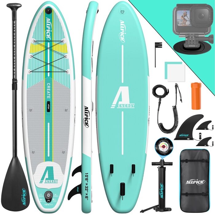 Надувний SUP-борд ALLPICK Premium Set: Комплектація для веслування, камера, аксесуари, регульоване весло (200 кг, свіжий м'ятний)