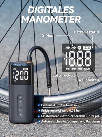 Електрична велосипедна помпа HT10, 150 PSI, акумуляторна, з цифровим манометром, Presta/Schrader, для шосе, MTB, E-bike, city bike