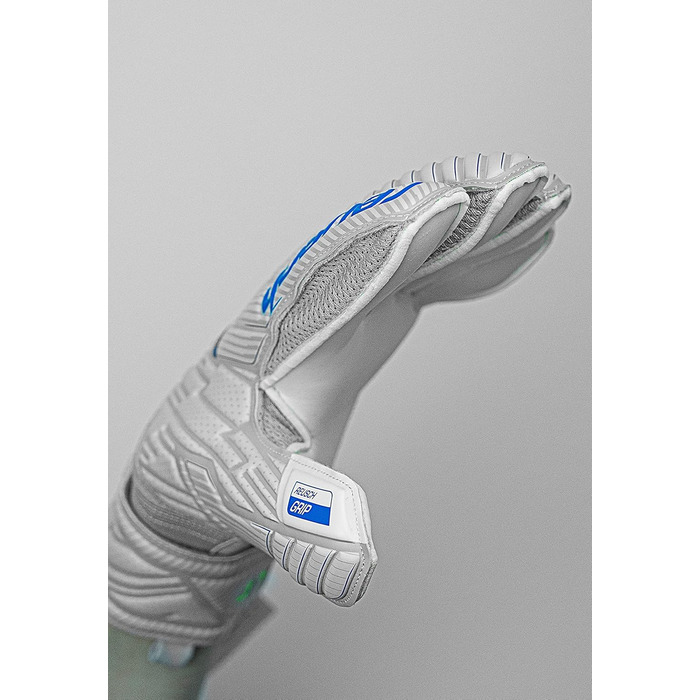 Воротарські рукавички Reusch Attrakt Finger Support для дорослих, з зовнішнім швом і захистом пальців, універсальні для всіх типів футбольних полів, сірі-блакитні-жовті, розмір 10