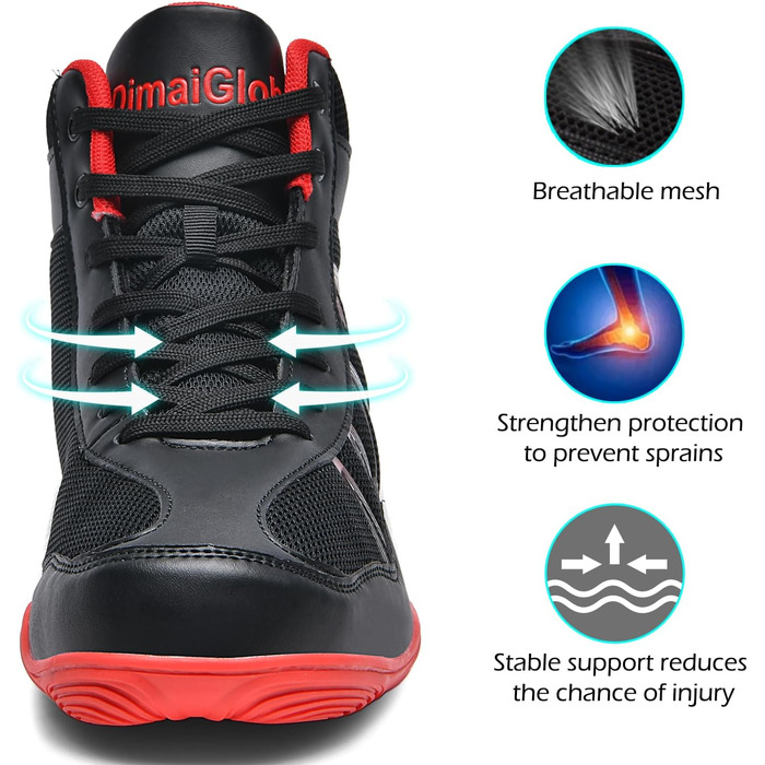 Чоловічі боксерські та борцівські кросівки DimaiGlobal. Кросівки для єдиноборств, фітнесу, кікбоксингу, карате, тхеквондо, важкої атлетики. Розмір 45 EU, чорно-червоні.