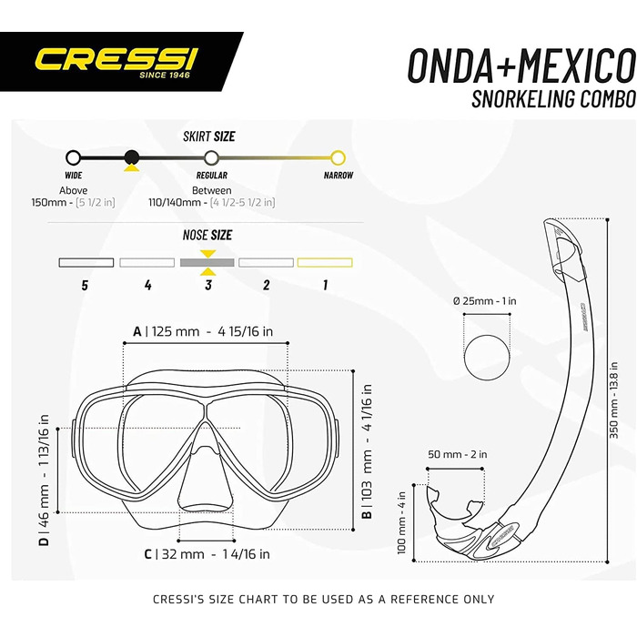 Маска для снорклінгу Cressi Onda (одинарна) або комплект з трубою Mexico – для дайвінгу та снорклінгу, унісекс, універсальний розмір